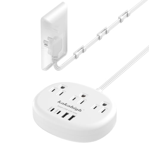 Flat Extension Cord with Outlet Cover & Cable Clips- 5 FT 1625W Child Proof Extension Cord with 3 AC Outlet 4 USB (24W/4.8A) Flat 90 Degree Power Strip for Behind Furniture Couch Sofa TV etc