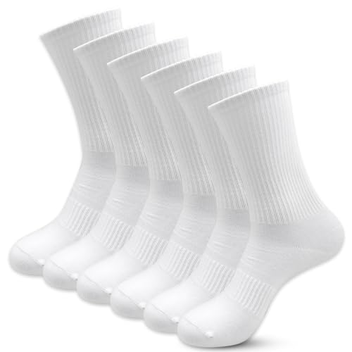 VEGCOO 6 Pares Calcetines Blancos para Hombre Mujer, Calcetines Deporte Altos de Algodón, Antideslizantes Calcetines Largos Transpirables, Calcetines Running Caminar (Hilo doble)