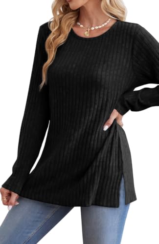 Image of Jescakoo Long Sleeve Shirts for Women Crew Neck Fall Tops Side Split Lightweight Tunic Sweaters Fashion Clothes 2026 S-4XL