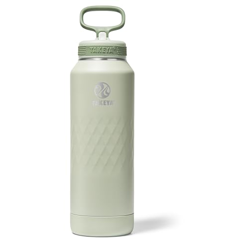 Takeya Sport 40 oz Triple-Insulated Stainless Steel Water Bottle, Straw Lid – Leakproof, Sweatproof, BPA-Free, Keeps Drinks Cold 36 Hrs, Hot 14 Hrs – Eucalyptus
