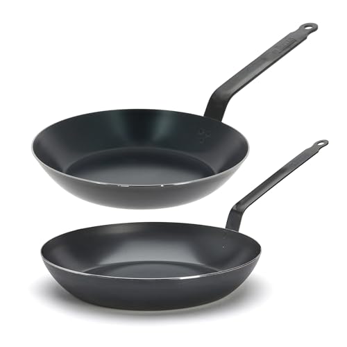 Image of De Buyer - Blue Carbon Steel Fry Pan Bundle - 2mm Thick - Includes 2 Pans - 10.25” and 12.5” - Oven Safe - PFAS, PFOA & PFOS Free - Made in France