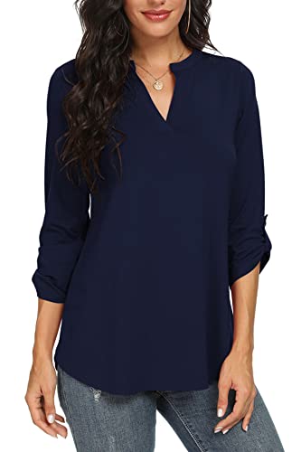 NILOUFO Womens Casual Summer Shirts Notch V Neck Blouses 3/4 Roll Sleeve Tops Tunics