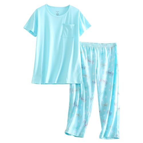 Image of PNAEONG Women Pajama Set Sleepwear Tops with Capri Pants Casual and Fun Prints Pajama Sets