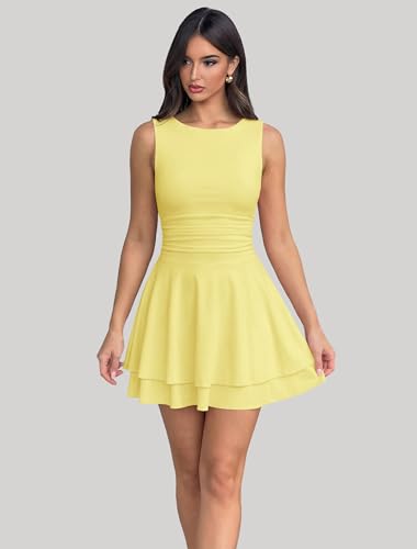 Image of IWD Women's Boat Neck Sleeveless Mini Dress Ruched Waist Flowy Tiered Ruffle Hem A Line Party Short Dresses
