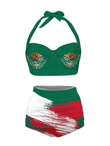 Flag Pattern Women's Two-Piece Swimsuit, Tummy Control High Waisted Bathing Suits Retro Bikini Set2