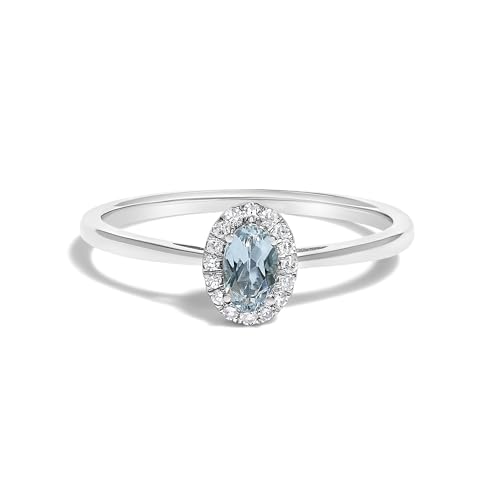 Haus of Brilliance 10K White Gold 5X3MM Oval Blue Aquamarine and Diamond Accent Halo Ring (I-J Color, I1-I2 Clarity) - Ring Size 6