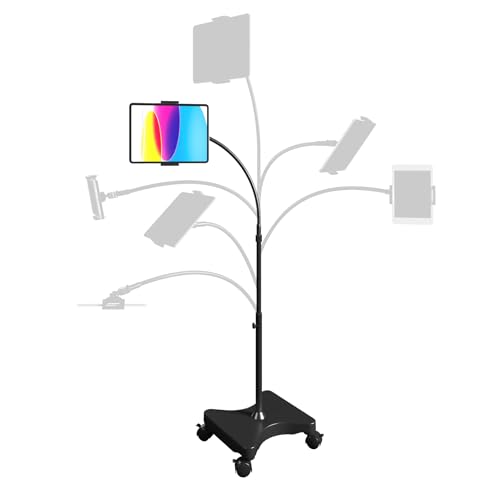 LEVO Adjustable Height Floor Stand on Wheels for Tablet & Phone - Gooseneck Holder Mount with Stable Base - Compatible with All Cell Phones & Tablets (4-13 inch) - Black with Casters