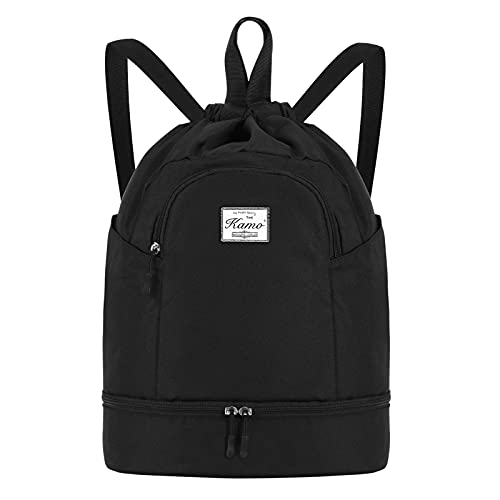 Image of KAMO Drawstring Backpack Bag - Sport Swimming Yoga Backpack with Shoe Compartment, Two Water Bottle Holder for Men Women Large String Backpack Athletic Sackpack for Travel