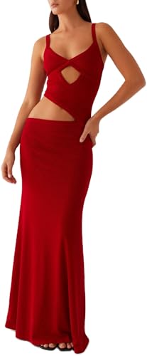 Image of Yiulangde Womens Elegant Spaghetti Strap Maxi Dress Backless Cut Out Bodycon Summer Cami Dress Sexy Formal Cocktail Dresses