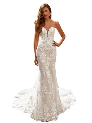 Mermaid Wedding Dresses Lace Appliques Tulle Bridal Gowns Strapless Bridal Dress for Bride with Train Ivory US10
