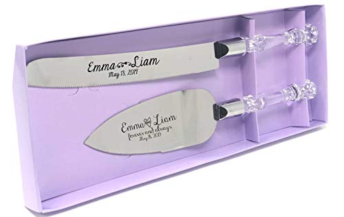 Personalized Wedding Cake Knife and Server Set with Faux Crystal Handles (stainless steel silver in Color)