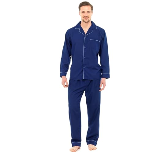 Mens Traditional Pyjamas 2 Piece Set Classic Style Plain Poly Cotton Pjs Nightwear Lounge Wear Sleepwear Suits Button Up Long Sleeve Shirt Tops Pants Trousers Bottoms(Navy, XL)