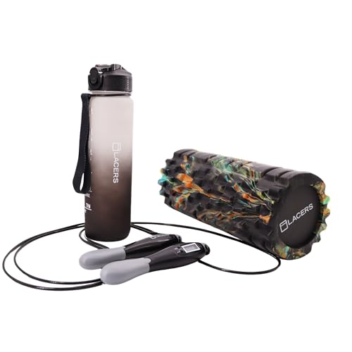 Petrolline 3er Fitness-Set – Faszienrolle, 1000ml Trinkflasche mit Strohhalm & Zeitmarkierung, verstellbares Springseil – Für Training & Regeneration (Schwarz 3er Set)