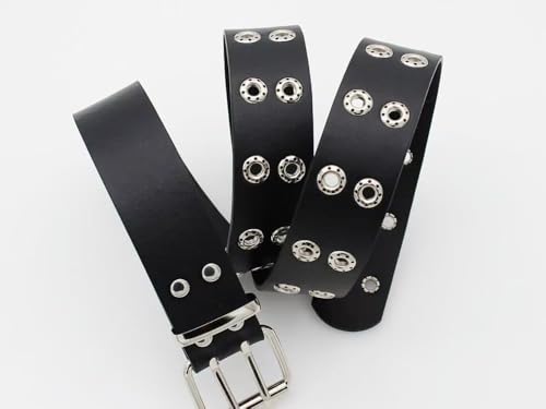 Women's Black Studded Leather Belt with Double Grommets Punk Gothic Scene Belt for Fashion3