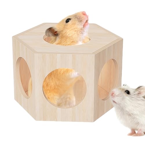Hámster escondite madera – Casa de hámster de madera, accesorios de jaula de hábitat de animales pequeños, laberinto de decoración para ratones enanos de Guinea