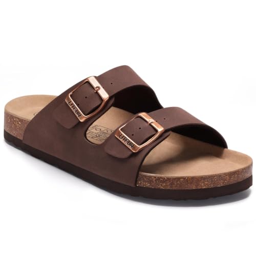 Image of Litfun Unisex Cork Footbed Sandals Summer Slip On Slides for Women Men | Adjustable Buckle, Comfortable Sandals With Arch Support, Beach Casual Style