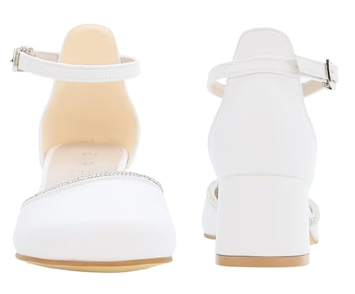 SIRRI Girls’ Block Heel Mary Janes, Ankle Strap Closed Round Toe Rhinestone Trim Communion Shoes4
