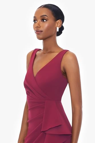 Image of Betsy & Adam Women's V-Neck Hi Low Sleeveless Floor Length Cascade Dress with Draped Ruffle, Regular & Plus Size