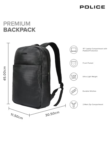 Image of POLICE Black Medium Size 20Ltr Leather Backpack for Men & Women