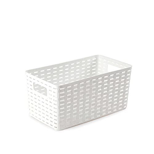 Tradineur - Cesta Rattan N.º 1 - Fabricado en plástico - Almacenamiento de Ropa, Productos de Limpieza - Capacidad de 5 L - 13 x 28 x 15 cm - Color: Blanco