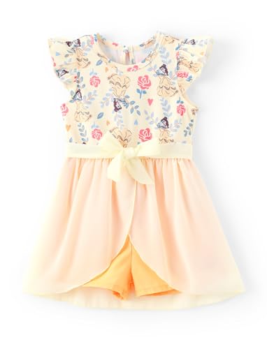 Disney Princess Belle Toddler Girl Romper With Tulle Skirt Overlay Yellow Floral Print Ruffle Sleeve Tie Waist Bow Birthday Summer Jumpsuit 4-5T