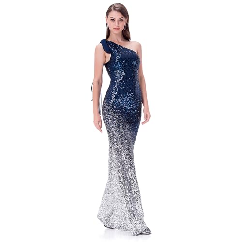 Angel Fashions Robe de bal longue asymétrique à paillettes pour femme, Bleu marine argenté, 50