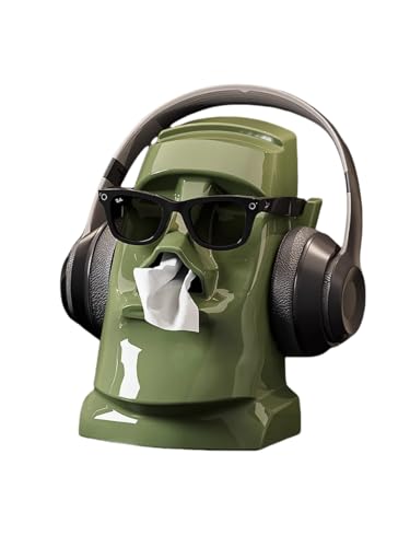 ティッシュボックス クリエイティブな復活節島の石像型ティッシュボックス 3 機能一体型ヘッドホンスタンド兼眼鏡入れ 机の上、自宅のオフィスに最適 大容量でスムーズに引き出せるバネ付き (グリーン)