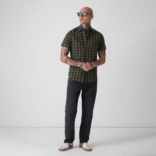 Image of BLUE BUDDHA Men Checked Casual Shirt | Tailored Fit Half Sleeve Shirt for Men | Curved Hem Ready to Wear, Office Casual & Weekend Wear