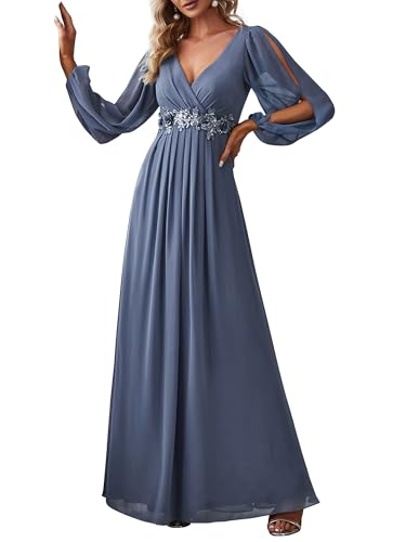 Ever-Pretty Robe de Soirée Grande Taille Femme Longue Manche Longue Col V en Mousseline Applique Plissé Bleu Denim 42