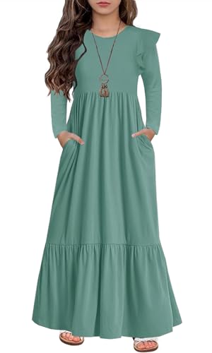 Image of HOSIKA Girls Fall Ruffle Long Sleeve Crew Neck Loose Casual Flowy Tiered Maxi Dress with Pockets for 6-12 Y
