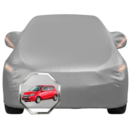 Image of Pivalo Car Cover for Maruti Suzuki Celerio All Model & Years with Mirror Pocket 100% Waterproof Triple Stitched Bottom Elastic Dust, Heat & UV Resistant Full Body Protection (Grey with Highlighter)