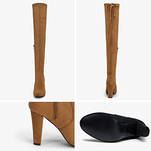 Image of Vepose Women's Suede Thigh High Over the Knee Boots with Block Heel | Above knee heeled silhouette, Tall shaft, Long boot shape, Inside zipper, 3.5 in heel, Skirt and jeans styling, Concerts