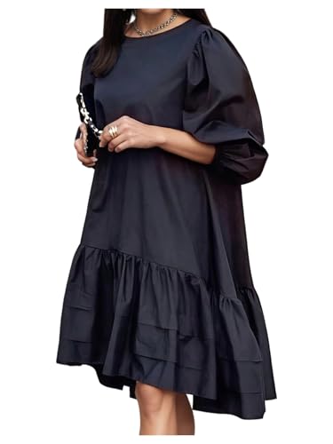 GORGLITTER Women's Puff Sleeve Peplum Dress Ruffle Tiered High Low