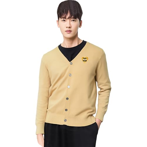 Men Cardigan V-Neck Cool Cute Snag Heart Embroidery Cotton with Button Solid Casual Fit Open Front Sweater