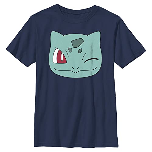 Pokemon Kids Bulbasaur Face Boys Short Sleeve Tee Shirt, Navy Blue, X-Small
