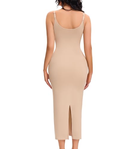 Image of Shapewear Slips for Under Dresses Full Slip Dress for Women Tummy Control Seamless Body Shaper V Neck Slip (US, Alpha, Medium, Regular, Regular, Beige)