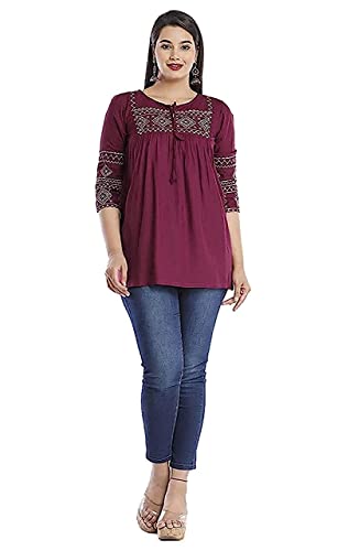 Image of Avayayat Short Kurti for Women | Embroidered Straight Rayon Kurta | Round Neck Full Sleeves Short Kurti for Women's