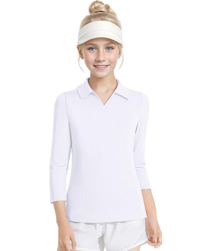 Auranso Girls 3/4 Long Sleeve Uniform Polo T-Shirts V-Neck Golf Shirt Quick-Dry Workout Tops