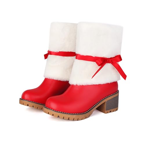 Women's Leather Stacked Chunky Heel Christmas Ankle Boots Warm Fur Lined Cute Bow Comfortable Round Toe Anti-slip Lug Sole Mid Heel Bootie Winter Outdoor Walking Christmas Bootie