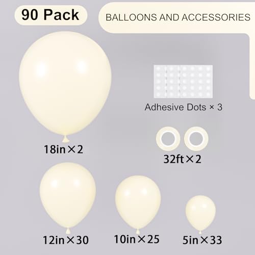 Image of Voircoloria 90pack Ivory Balloons Different Size 18 /12 /10 /5 Inch Ivory White Balloon Garland Arch Kit for Graduation, Wedding, Birthday, Princess Theme, Baby Shower, Anniversary Party Decorations