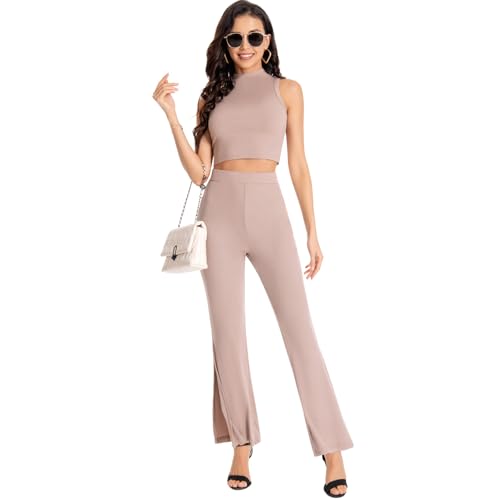 2 Piece Outfits for Women Ribbed Knit Crew Neck Sleeveless Cropped Top Elastic Waist Wide Leg Pants Lounge Sets Large Camel