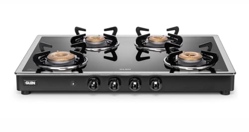 Glen Apex LPG Gas Stove 4 Burner Auto Ignition | Mirror Finished Glass Top | 1 Jumbo, 1 Medium &...