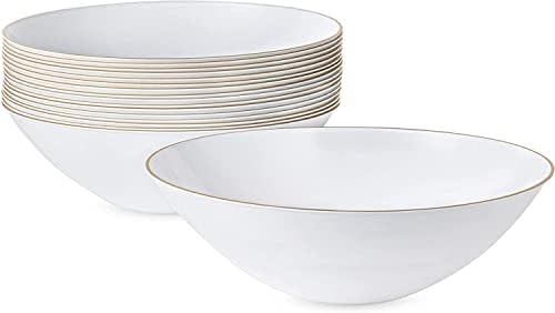 Premium Disposable White Plastic Soup Bowls with Gold Trim 16oz (10 Count) | Elegant | Heavy Weight | Perfect for Holidays, Weddings, Parties, Catering