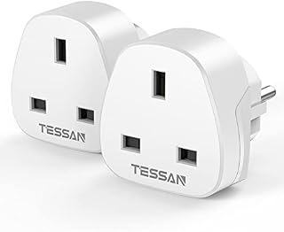 UK to European Plug Adapter 2 Pack, TESSAN Grounded Schuko Adapter Plug UK to Europe, Travel Plugs UK to EU, Plug Adapters for Europe Euro for Spain Turkey Greece France Portugal and More (Type E/F)