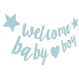 HAKIDZEL Willkommens Banner Babyparty Glitzer Papierbanner Jungen Blau mit Sternen Hängefahne Partydeko für Geburtstag und Shower