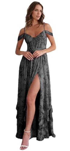 Off Shoulder Floral Bridesmaid Dress Long Ruffle with Slit Spaghetti Straps for Wedding Floral Prom Dress