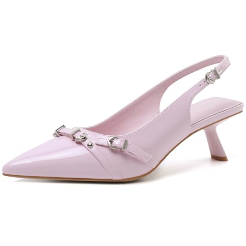 Image of Mostrin Kitten Heels for Women Pointed Toe Pumps Patent Leather Low Heel Slingback Heels with Buckle Dress Shoes for Dating Party Working
