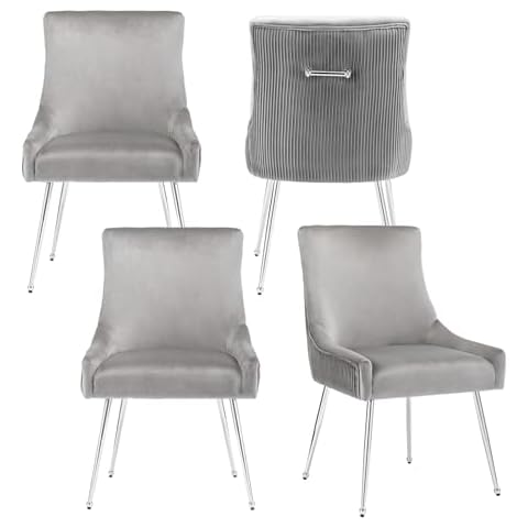 adochr Modern Leisure Velvet Dining Chairs Set of 4, Upholstered Velvet Chair with Silver Metal Legs, Mid-Century Accent Chair with Pleated Back, Grey Cover