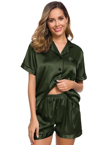 Image of SWOMOG Womens Silk Satin Pajamas Set Two-piece Pj Sets Sleepwear Loungewear Button-Down Pj Sets Army Green