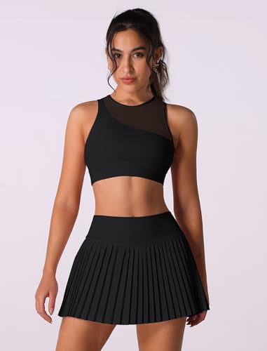 Two Piece Tennis Skirt Sets Outfits Single Shoulder Strap Tulle mesh top with High Waisted Pleated Skirt Sets2